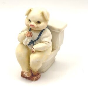 Vintage 1991 J.C. Anthropomorphic Pig on Toilet Figurine Resin Bathroom Decor